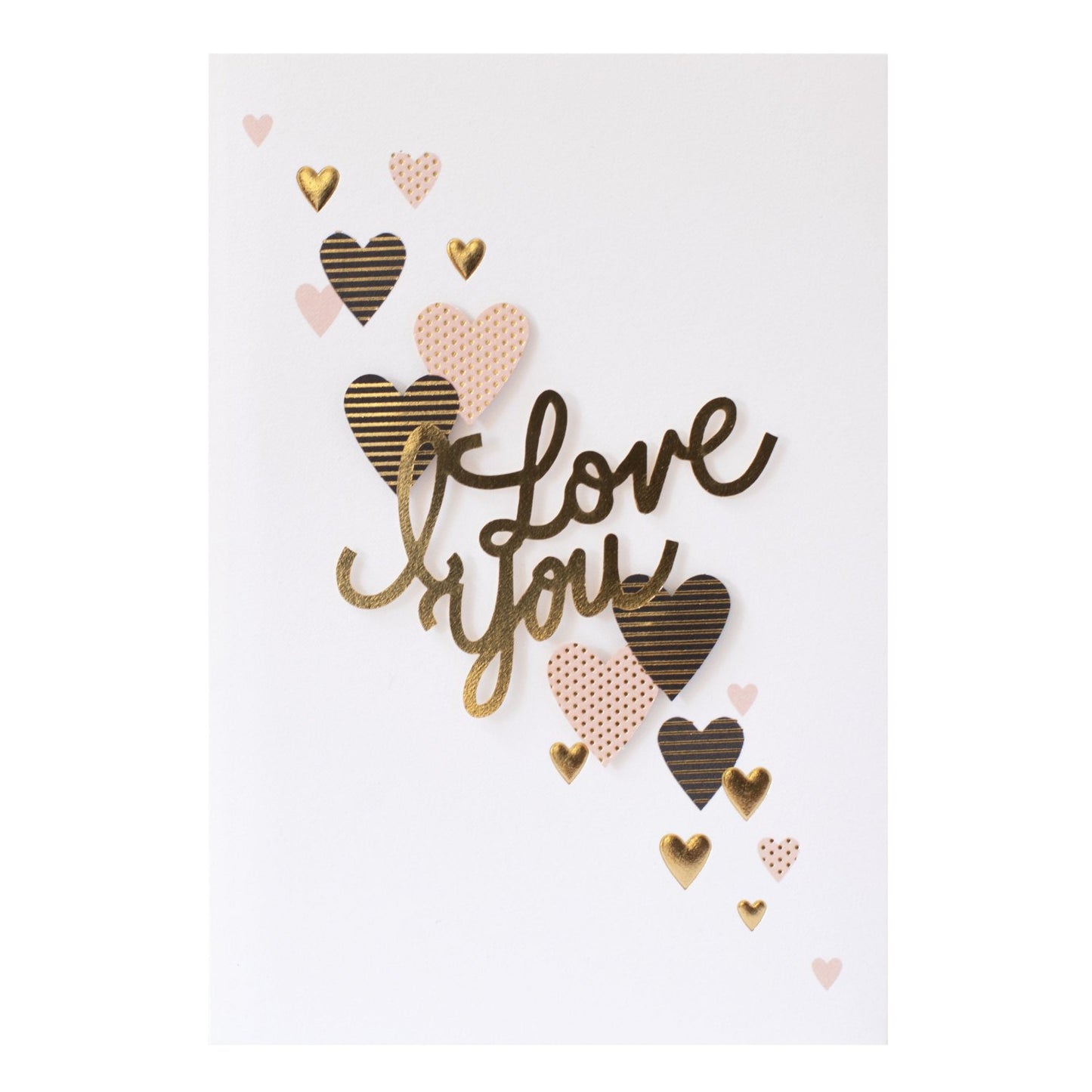 Hallmark Signature Greeting Card - Love You Lots featuring embossed gold foil text and heart illustrations in various patterns and colours.