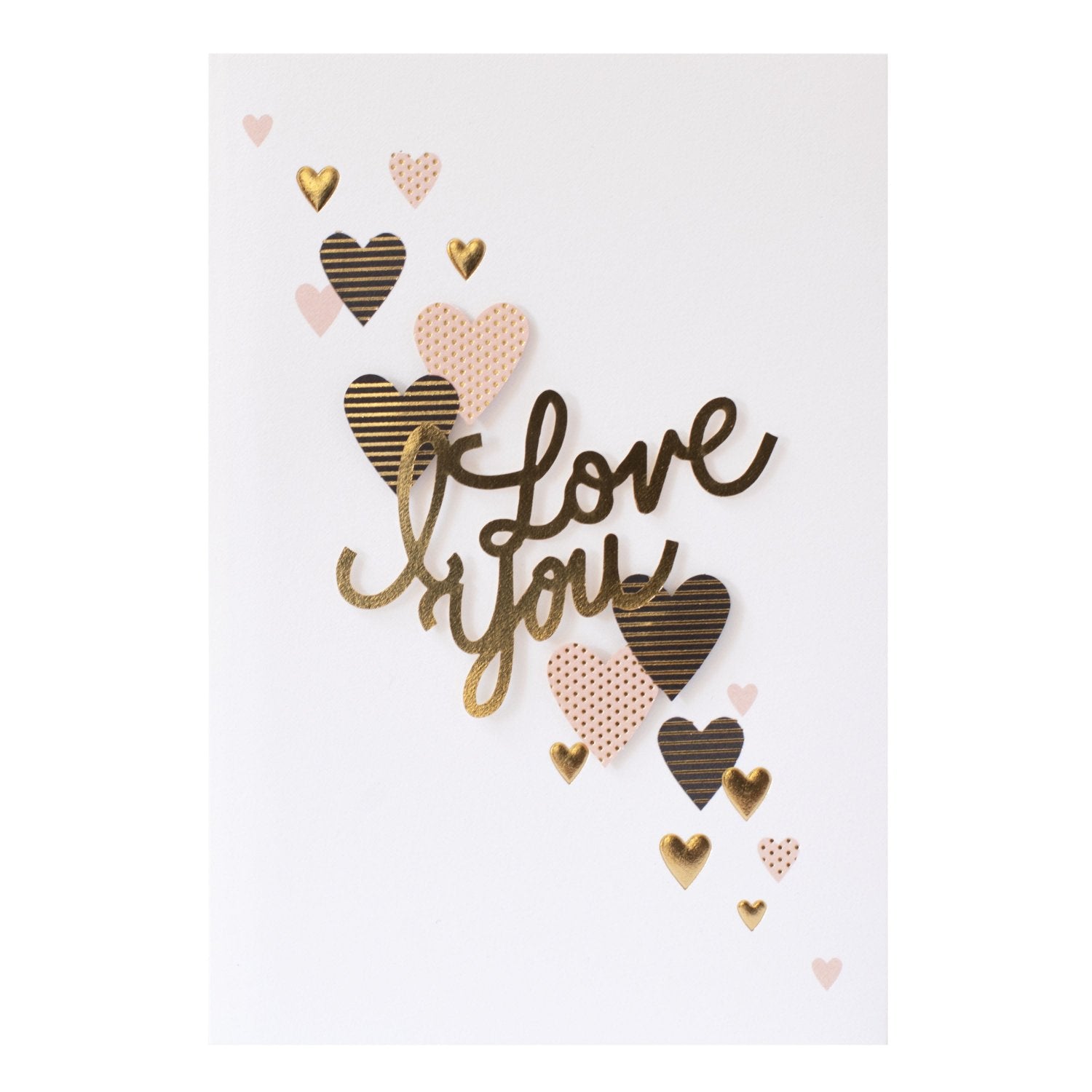 Hallmark Signature Greeting Card - Love You Lots featuring embossed gold foil text and heart illustrations in various patterns and colours.
