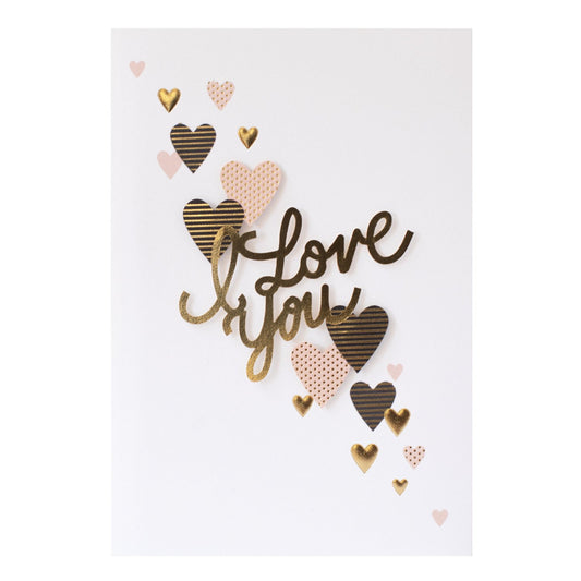 Hallmark Signature Greeting Card - Love You Lots featuring embossed gold foil text and heart illustrations in various patterns and colours.