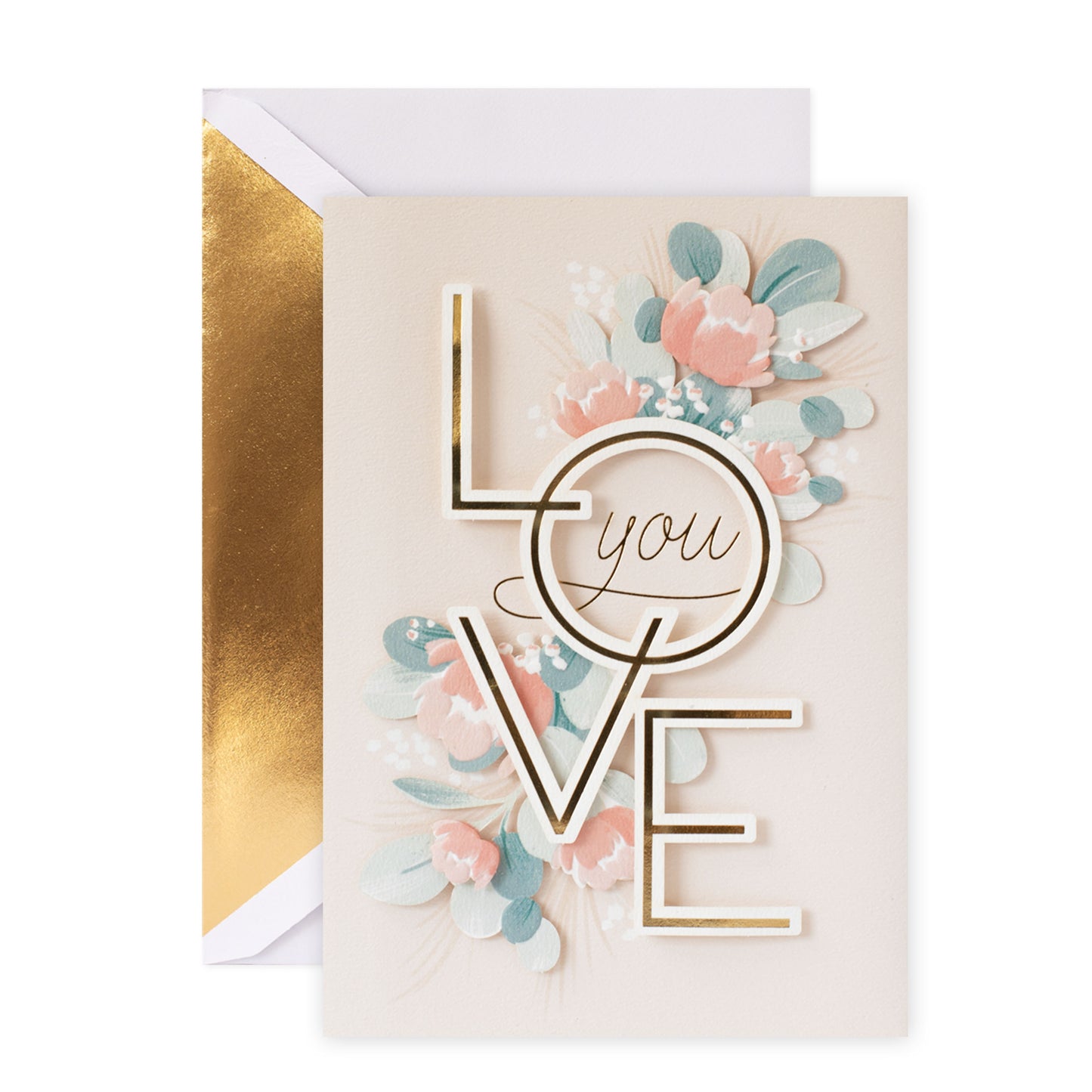 Hallmark Signature Love Greeting Card - Beautiful Moment with floral illustrations and gold foil accents in a flat lay view.