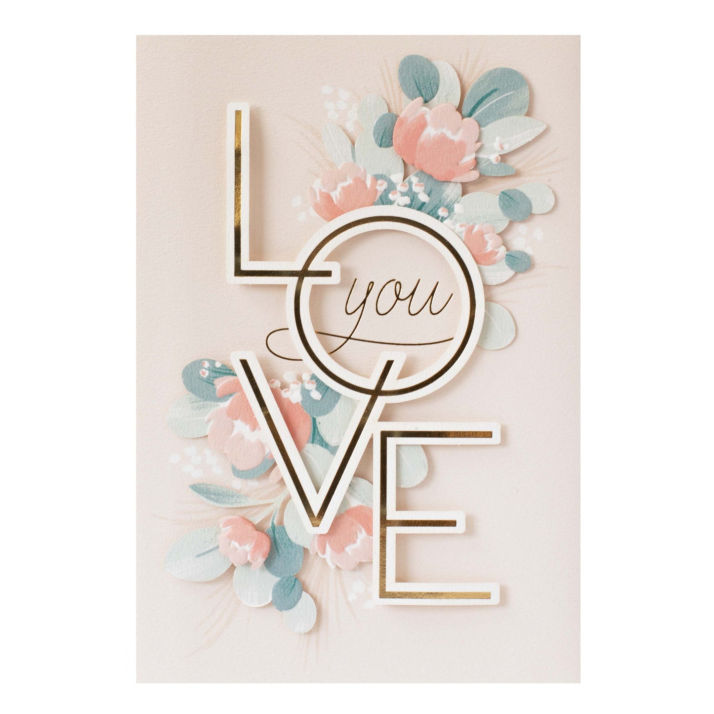 Hallmark Signature Love Greeting Card - Beautiful Moment with embossed floral design and gold foil highlights on a soft pink background.