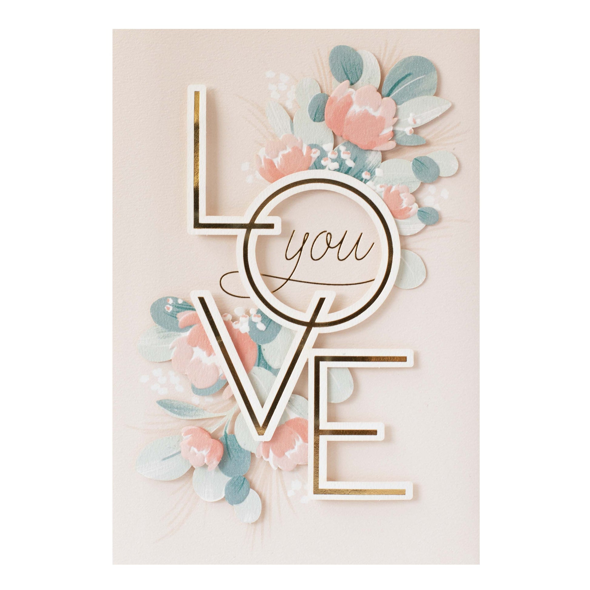 Hallmark Signature Love Greeting Card - Beautiful Moment with embossed floral design and gold foil highlights on a soft pink background.