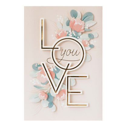 Hallmark Signature Love Greeting Card - Beautiful Moment with embossed floral design and gold foil highlights on a soft pink background.