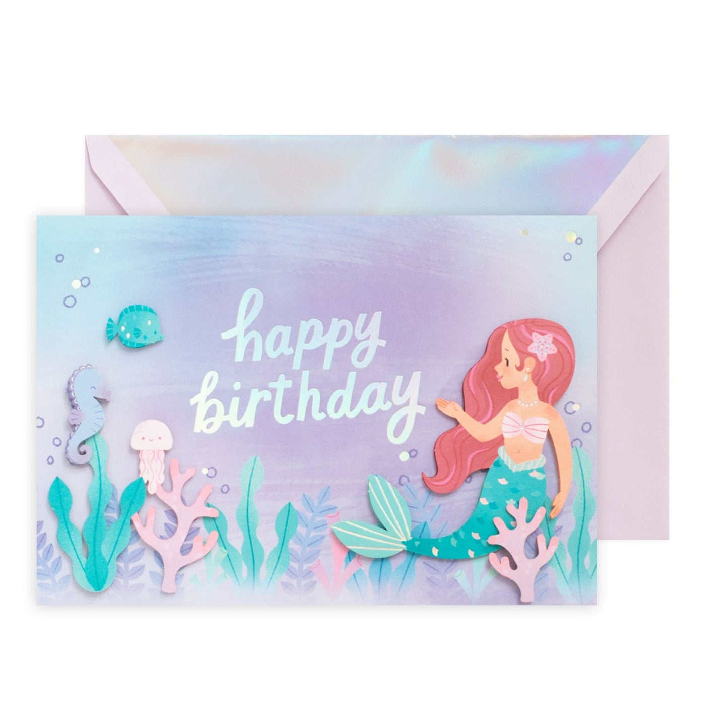 Hallmark Signature Birthday Card - Mermaid & Friends with holographic highlights and 3D mermaid design, featuring sea creatures.