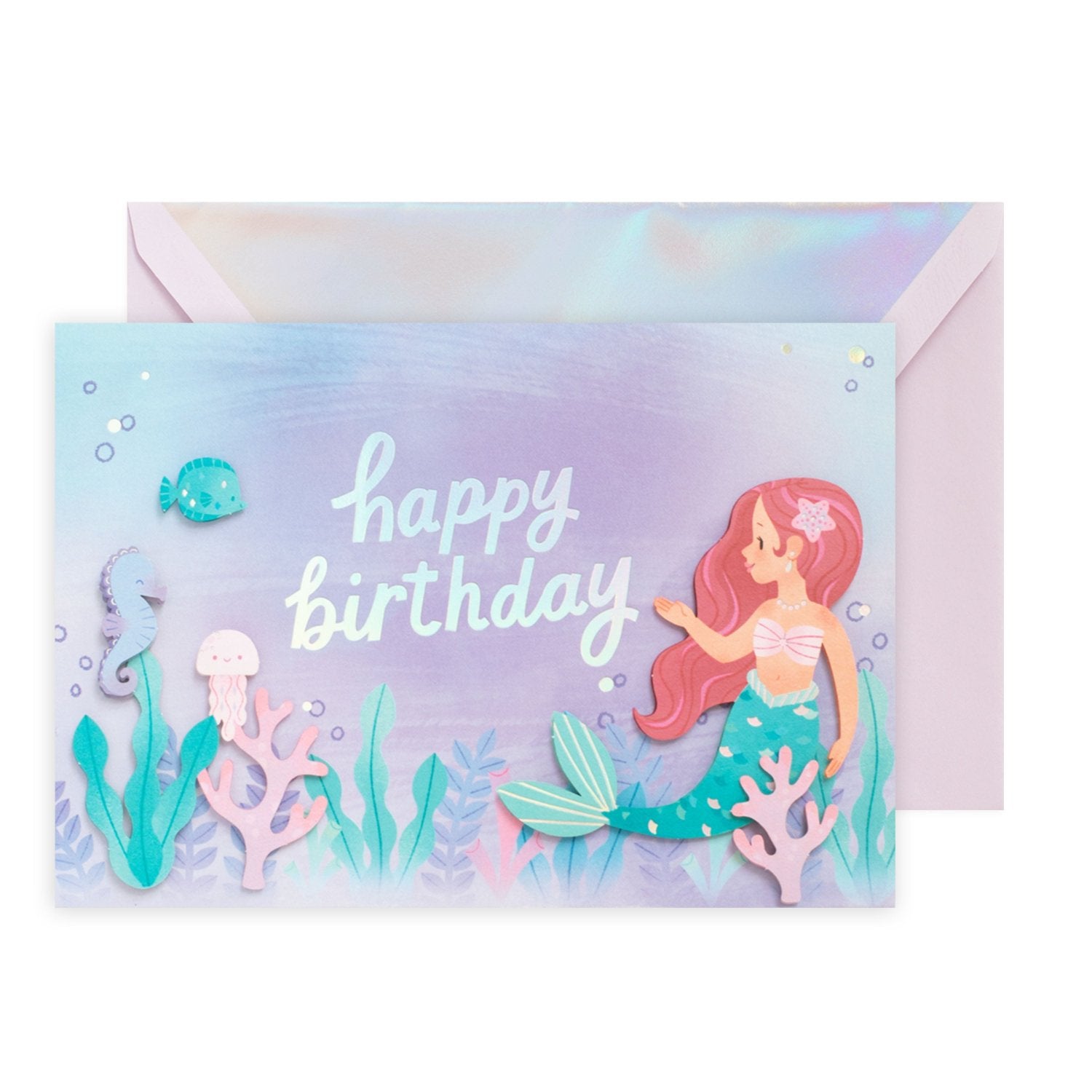 Hallmark Signature Birthday Card - Mermaid & Friends with holographic highlights and 3D mermaid design, featuring sea creatures.