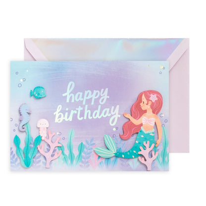 Hallmark Signature Birthday Card - Mermaid & Friends with holographic highlights and 3D mermaid design, featuring sea creatures.