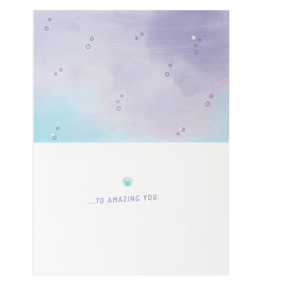 Hallmark Signature Birthday Card - Mermaid & Friends, open view with pastel illustration and message, silver foil details