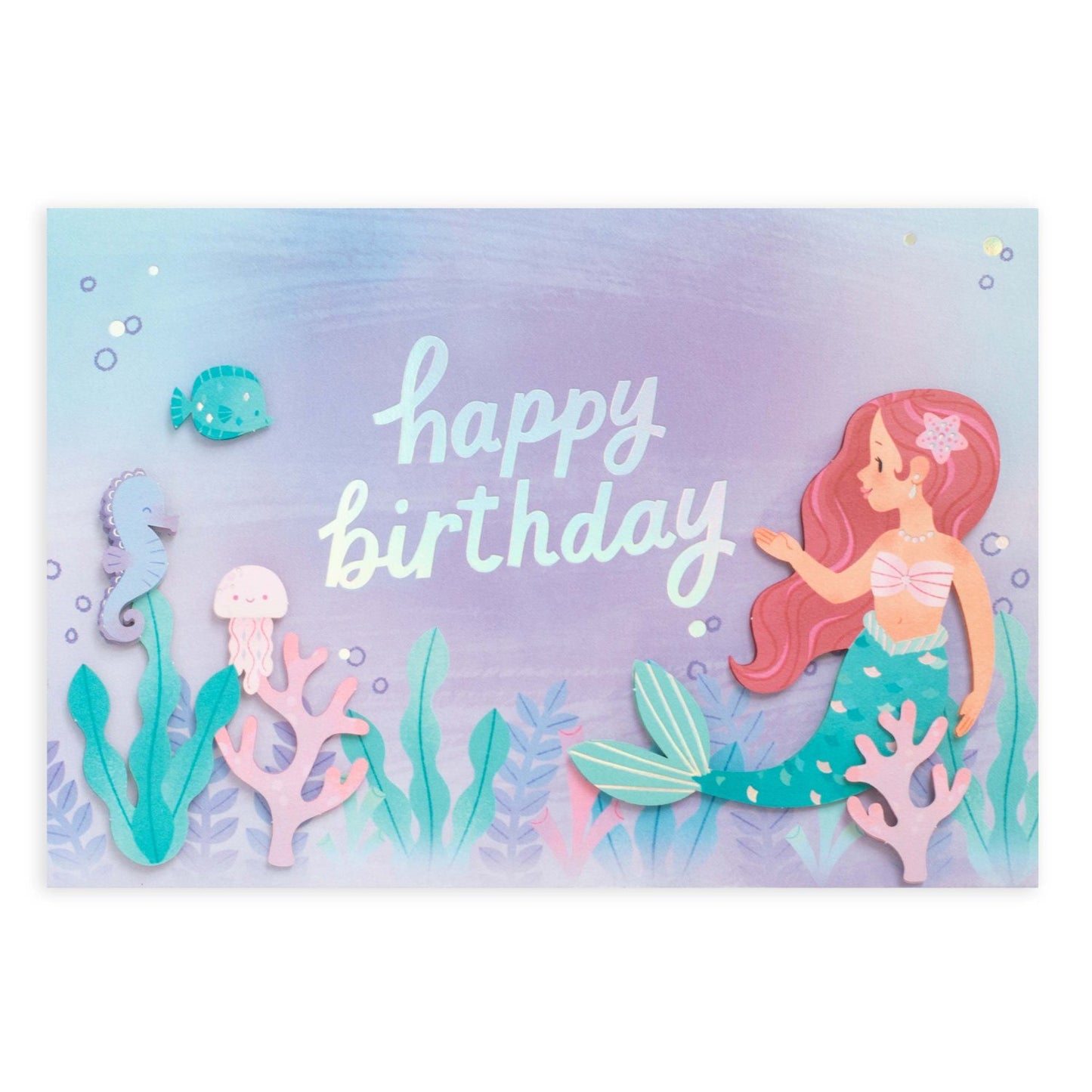 Hallmark Signature Birthday Card - Mermaid & Friends featuring a 3D mermaid and sea creatures on a pastel underwater design.
