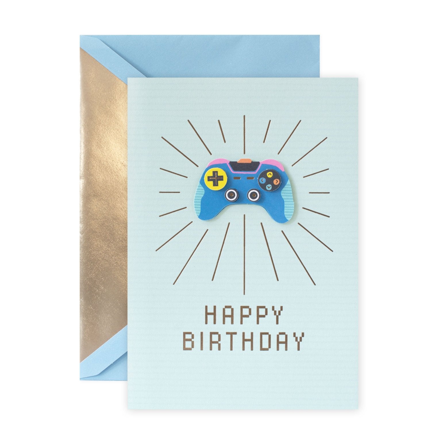 Hallmark Signature Birthday Card - Video Game with illustrated game controller, featuring bronze foil details and a light blue envelope.
