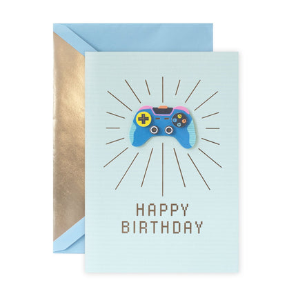 Hallmark Signature Birthday Card - Video Game with illustrated game controller, featuring bronze foil details and a light blue envelope.