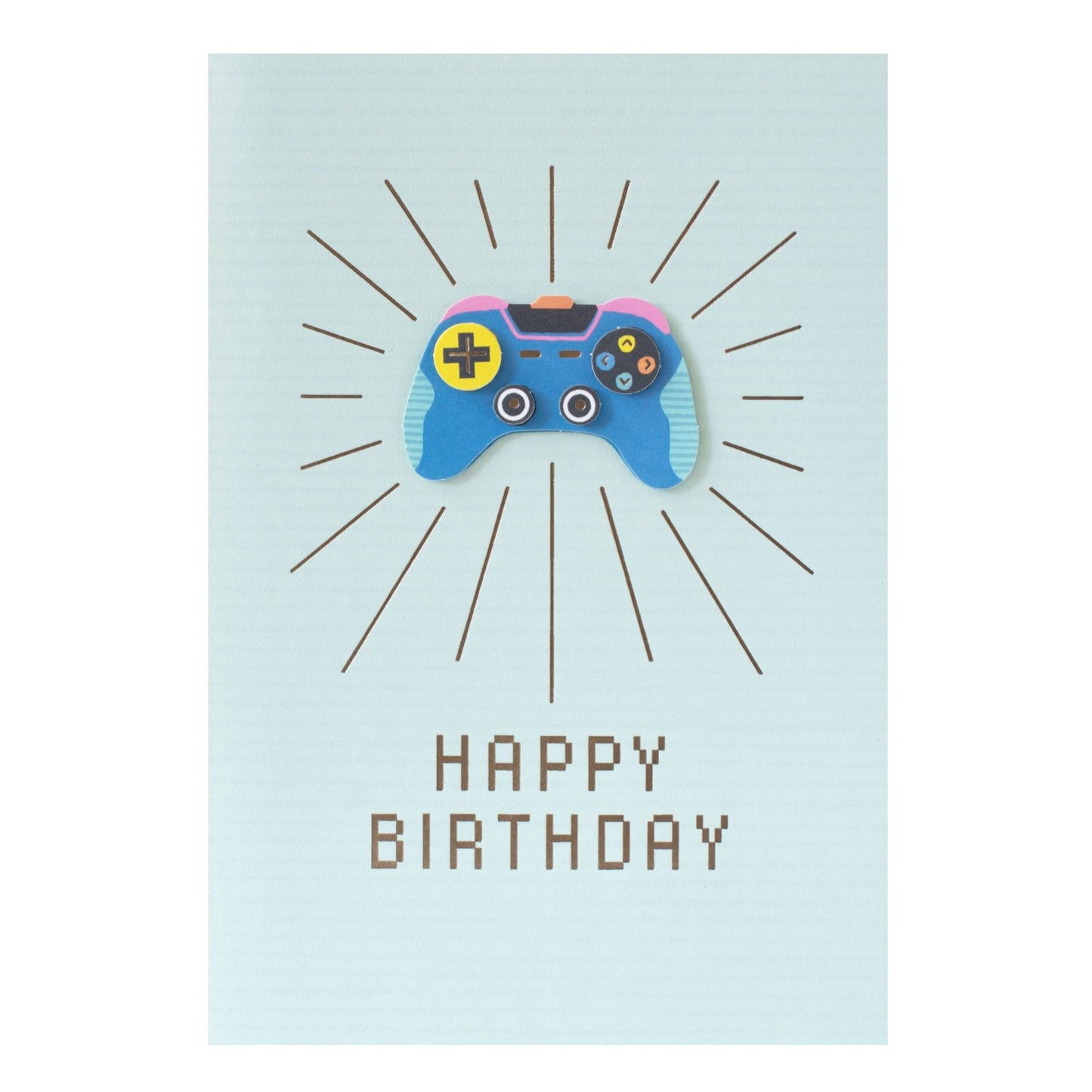 Hallmark Signature Birthday Card - Video Game features a 3D blue video game controller with bronze foil on a pastel background.