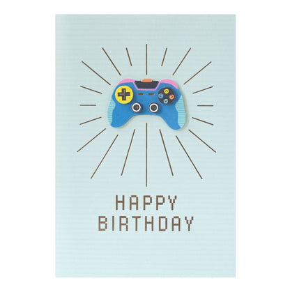 Hallmark Signature Birthday Card - Video Game features a 3D blue video game controller with bronze foil on a pastel background.