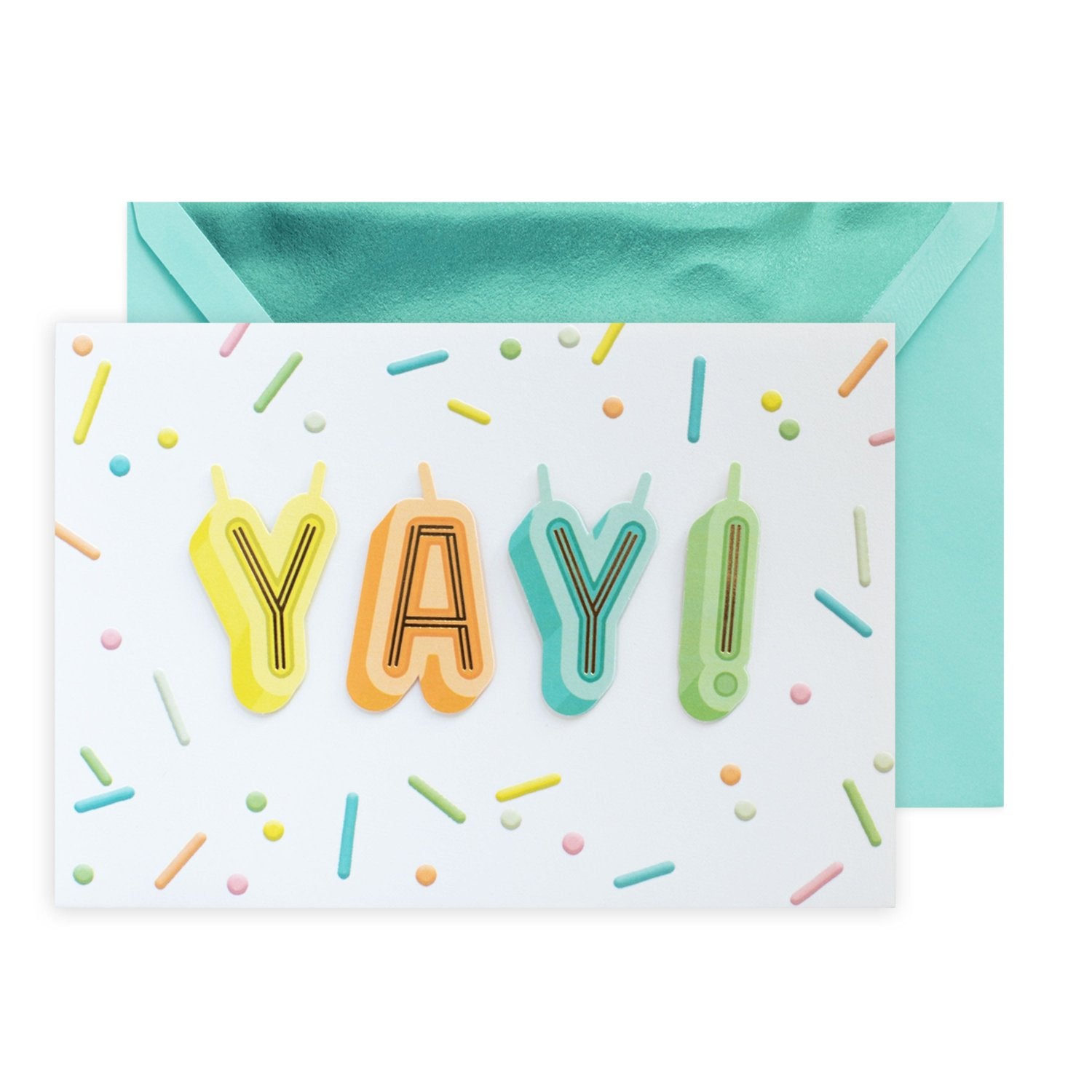 Hallmark Signature Birthday Card - YAY! with colourful sprinkles and gold foil highlights, featuring a mint green envelope.