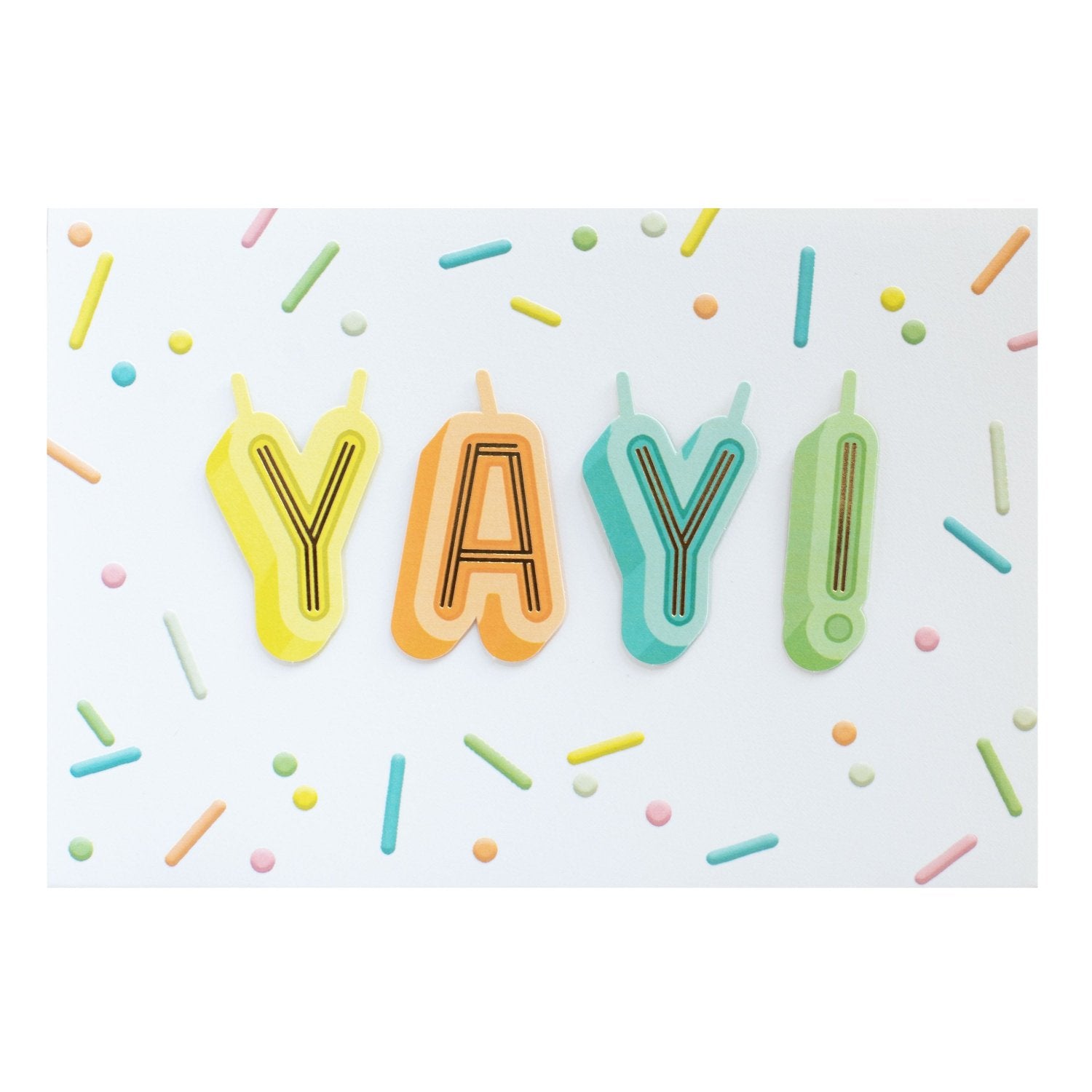 Hallmark Signature Birthday Card - YAY! featuring colourful candles with sprinkles, brightly designed, flat lay view.