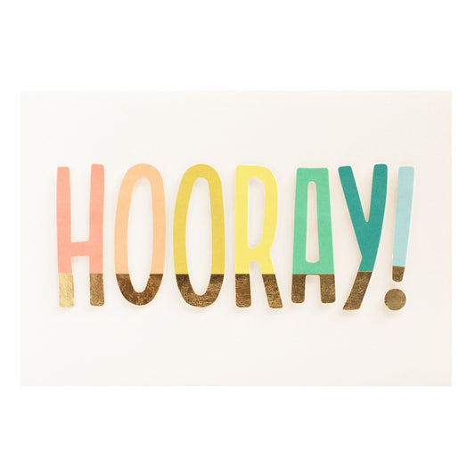 Hallmark Signature Celebration Card - Hooray! with vibrant 3D letters and gold foil detailing on textured background.