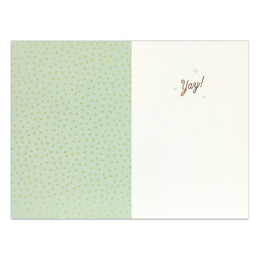 Hallmark Signature Celebration Card - This Is Amazing! inside view featuring pale green polka dot design and gold scripted message 'Yay!'. Australia