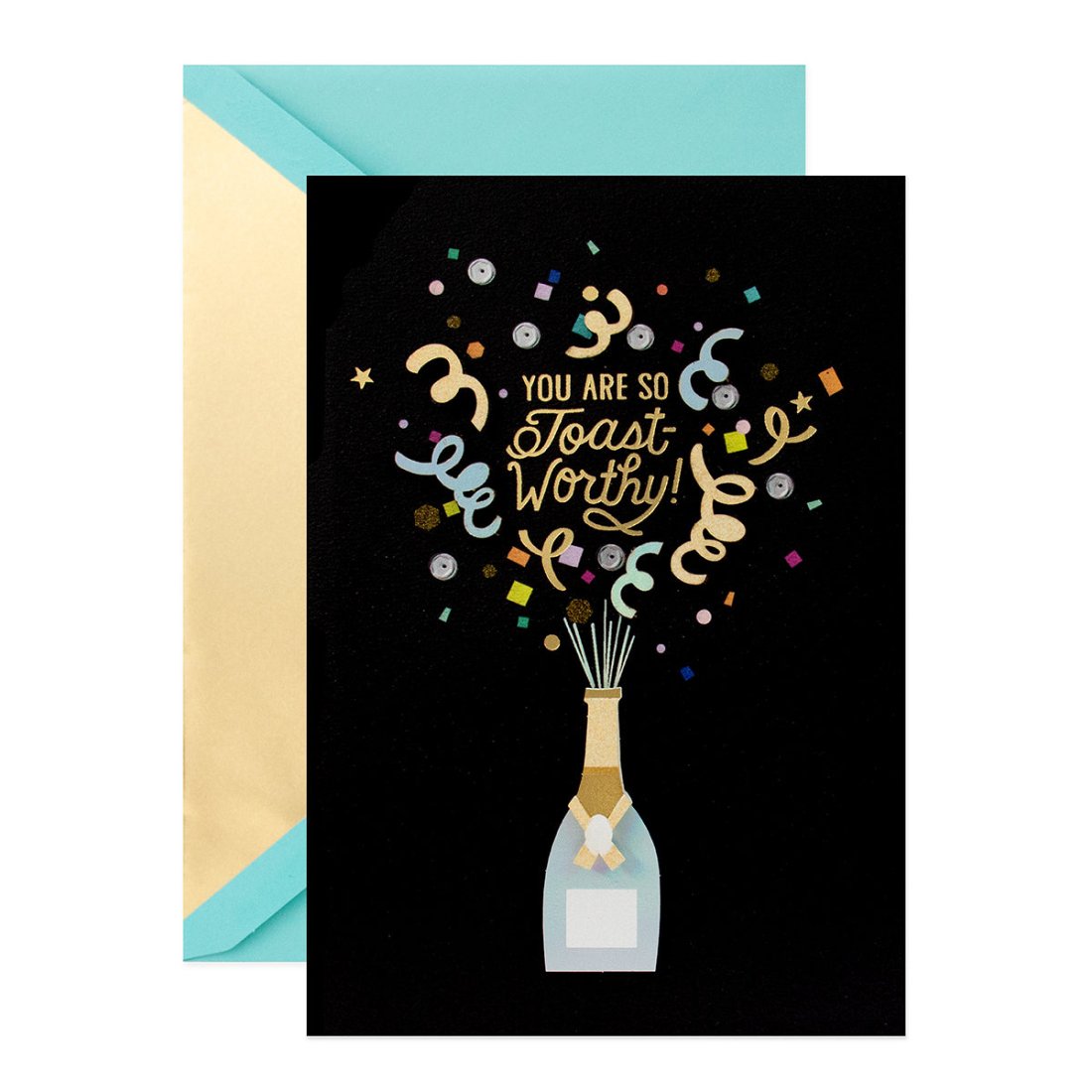 Hallmark Signature Celebration Card - Toast-Worthy! features a champagne bottle design with colourful confetti and gold foil accents.