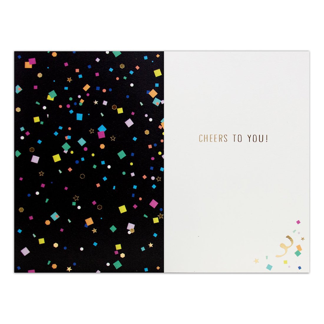 Hallmark Signature Celebration Card - Toast-Worthy! with colourful confetti design and gold message inside, flat lay view.