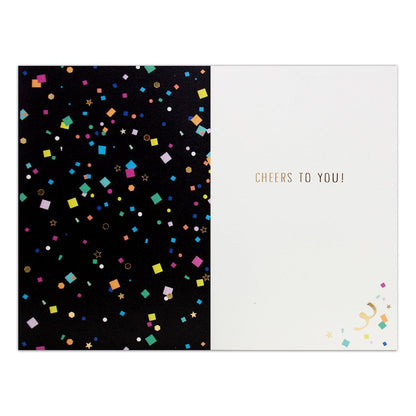 Hallmark Signature Celebration Card - Toast-Worthy! with colourful confetti design and gold message inside, flat lay view.