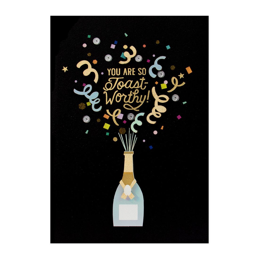 Hallmark Signature Celebration Card - Toast-Worthy! features a champagne bottle illustration with gold and colourful confetti details.