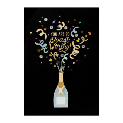 Hallmark Signature Celebration Card - Toast-Worthy! features a champagne bottle illustration with gold and colourful confetti details.