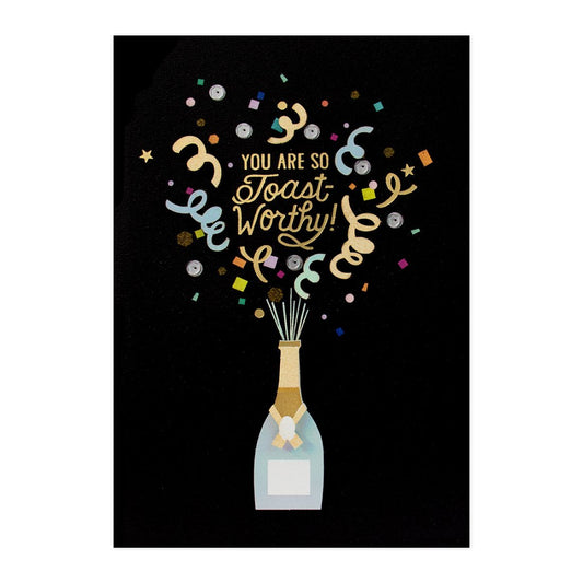 Hallmark Signature Celebration Card - Toast-Worthy! features a champagne bottle illustration with gold and colourful confetti details.
