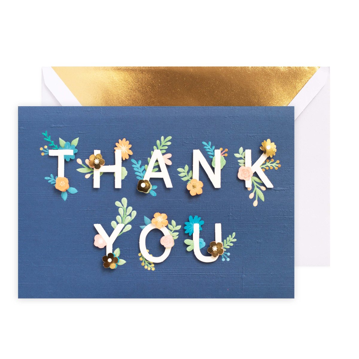 Hallmark Signature Thank You Card - Colourful Florals with textured navy paper, 3D floral accents, and a gold foiled envelope.
