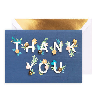 Hallmark Signature Thank You Card - Colourful Florals with textured navy paper, 3D floral accents, and a gold foiled envelope.