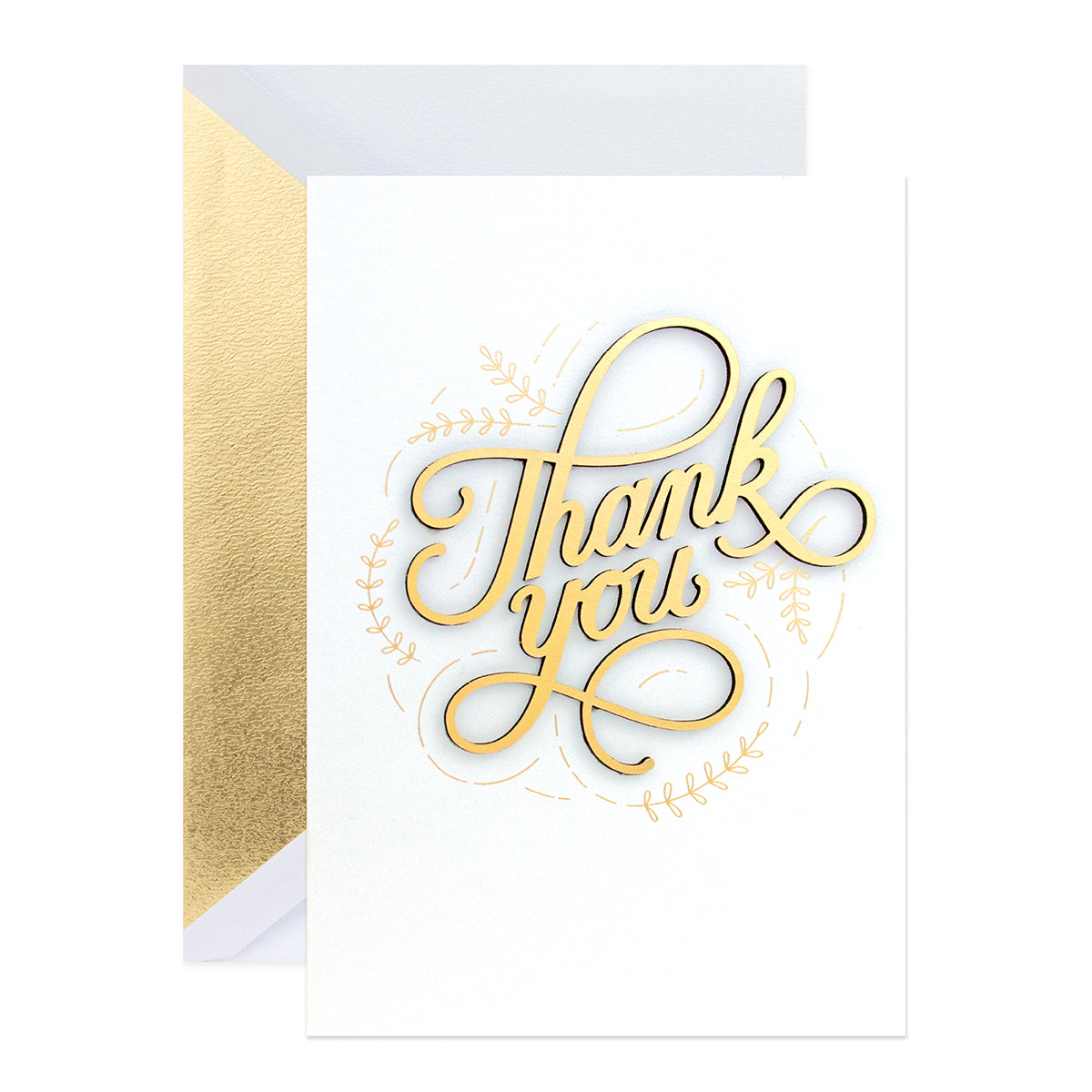 Hallmark Signature Thank You Card - So Very Much featuring gold foil detailing and laser cut leaves on a white background.