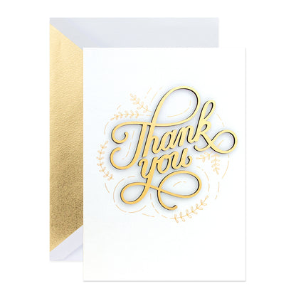 Hallmark Signature Thank You Card - So Very Much featuring gold foil detailing and laser cut leaves on a white background.