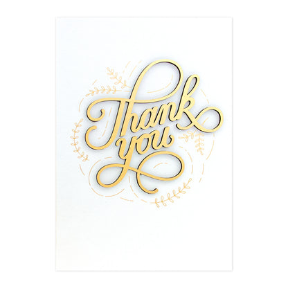 Hallmark Signature Thank You Card - So Very Much with gold foil lettering and intricate leaf illustrations on a white background.