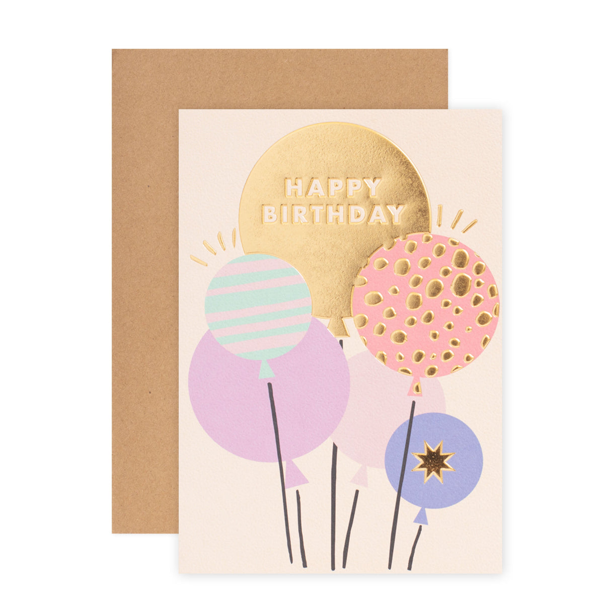 Halcyon by Hallmark Birthday Card – Balloons featuring gold foil lettering and colourful balloons, displayed with a kraft envelope.