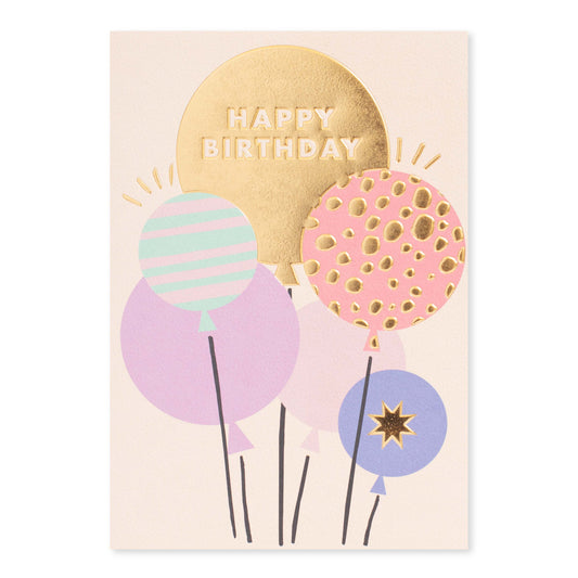 Halcyon by Hallmark Birthday Card – Balloons featuring gold foiled text, pastel colours, and illustrative design.