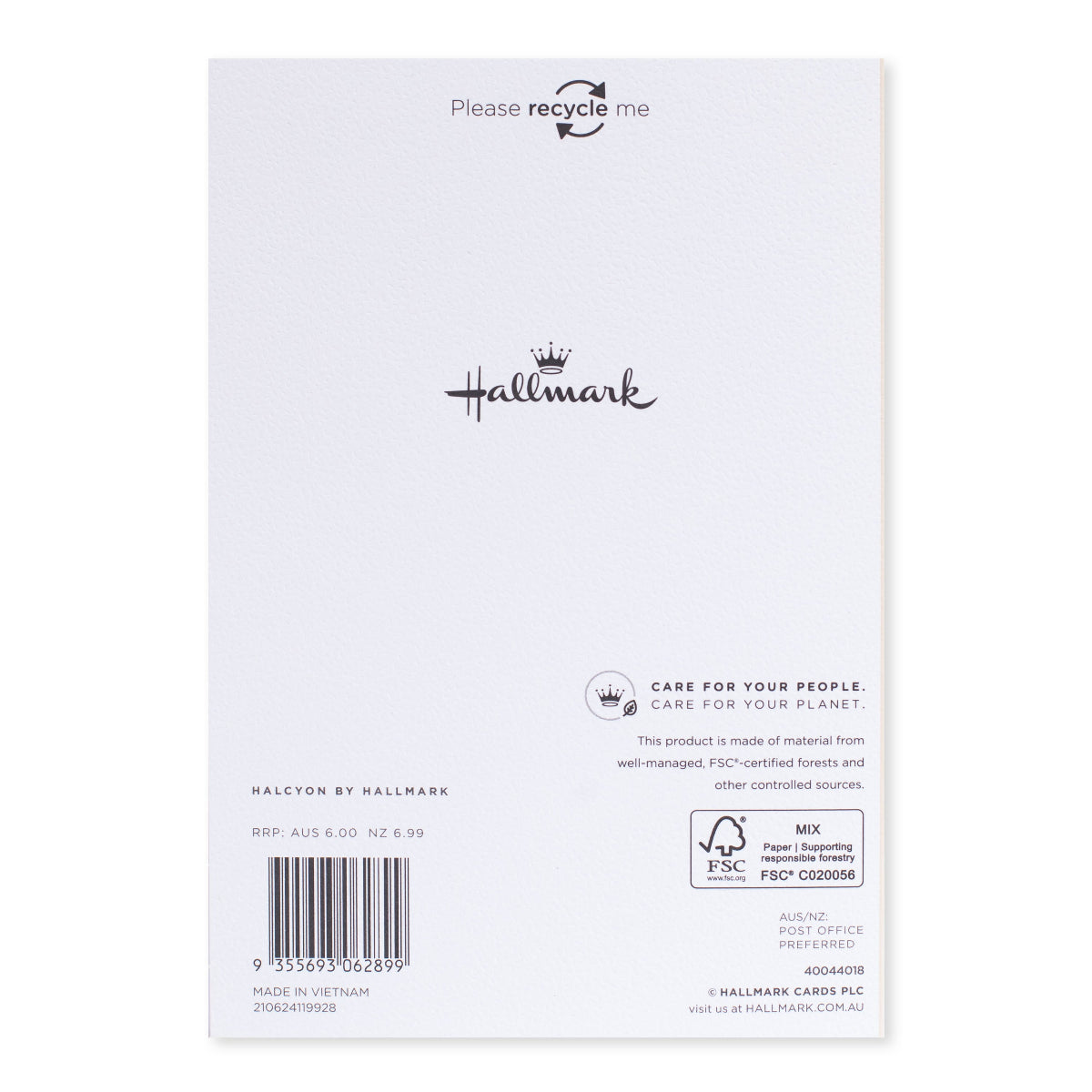 Halcyon by Hallmark Birthday Card – Balloons back design showing recycling instructions and branding details in black on white stock.