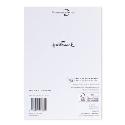 Halcyon by Hallmark Birthday Card – Balloons back design showing recycling instructions and branding details in black on white stock.