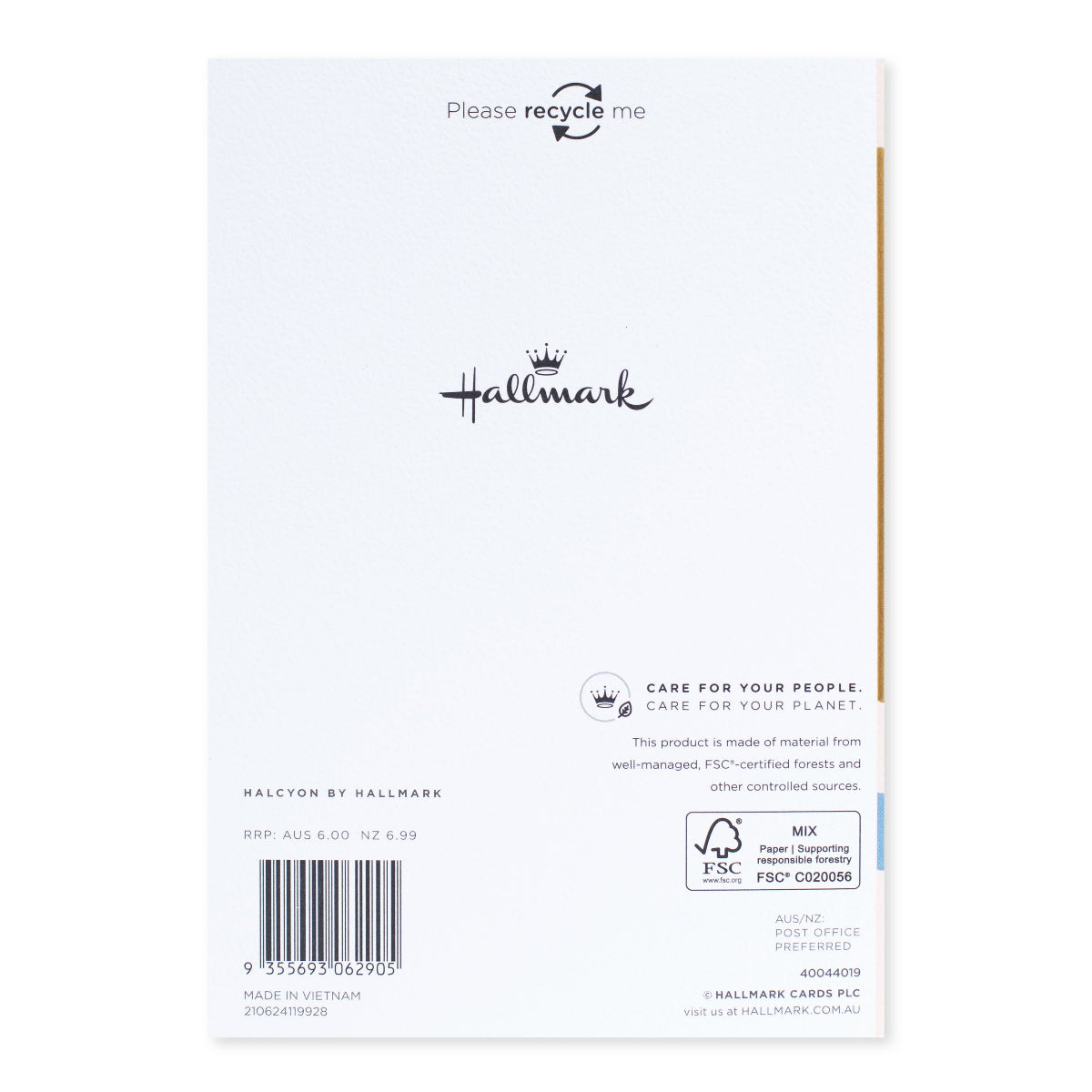 Halcyon by Hallmark Birthday Card – Abstract Shapes, back view with recycling details and FSC certification, featuring clean design.