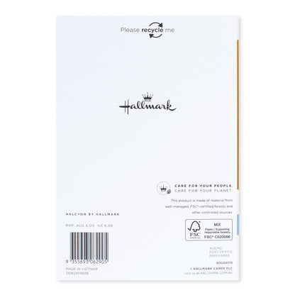 Halcyon by Hallmark Birthday Card – Abstract Shapes, back view with recycling details and FSC certification, featuring clean design.