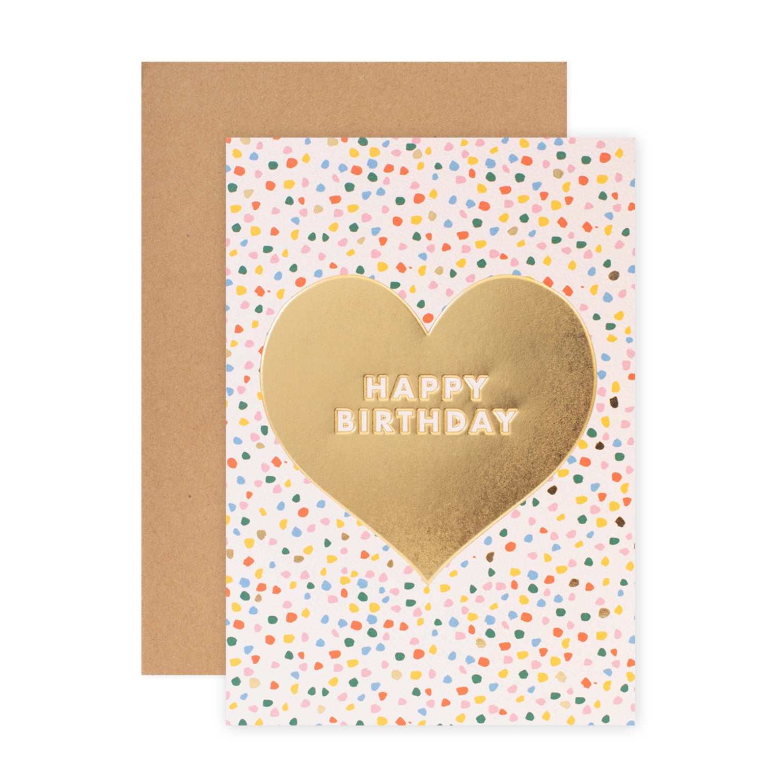 Halcyon by Hallmark Birthday Card – Sprinkles and Heart with gold foil lettering on a colourful sprinkle design, paired with a kraft envelope