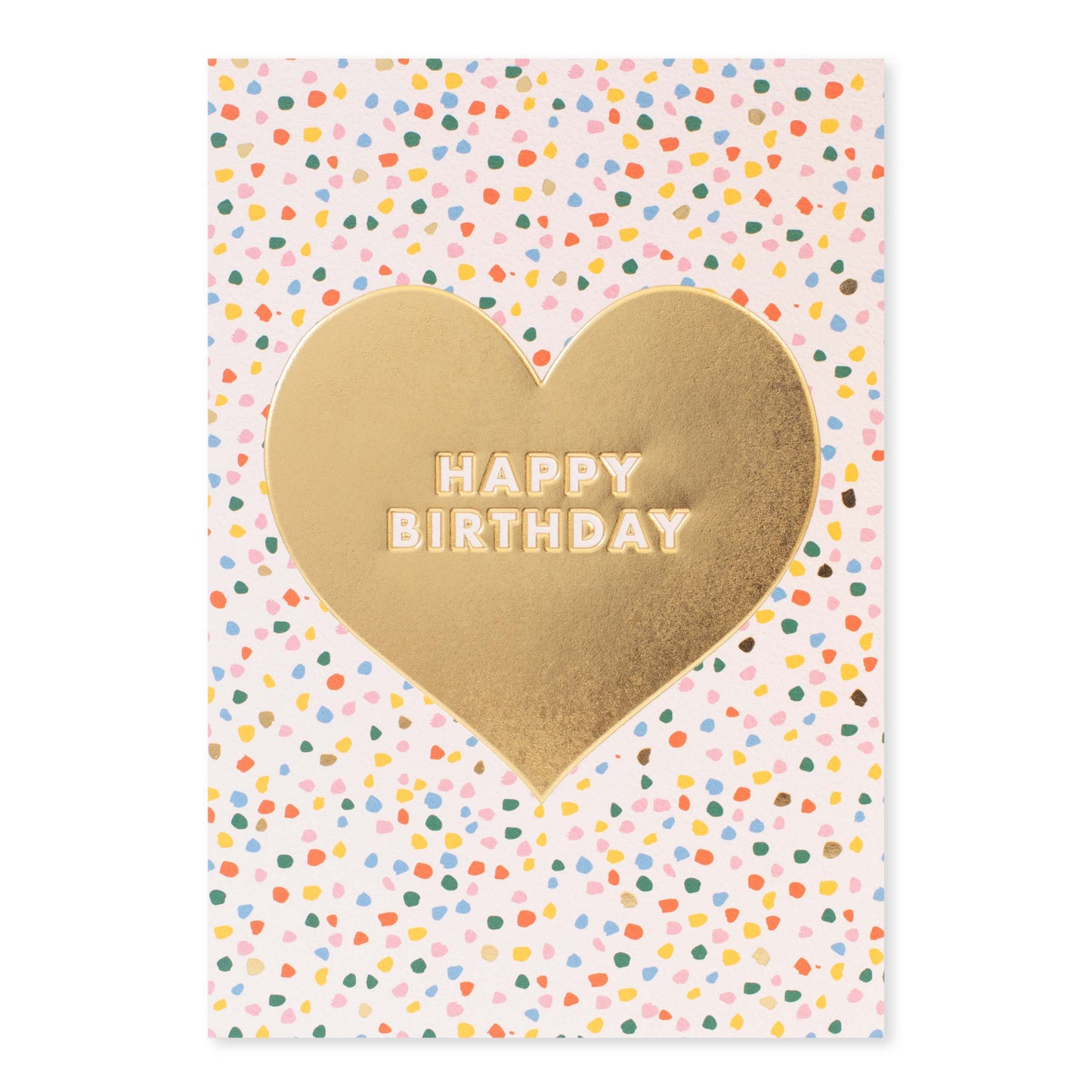 Halcyon by Hallmark Birthday Card – Sprinkles and Heart with gold heart detail and colourful confetti pattern, flat lay view