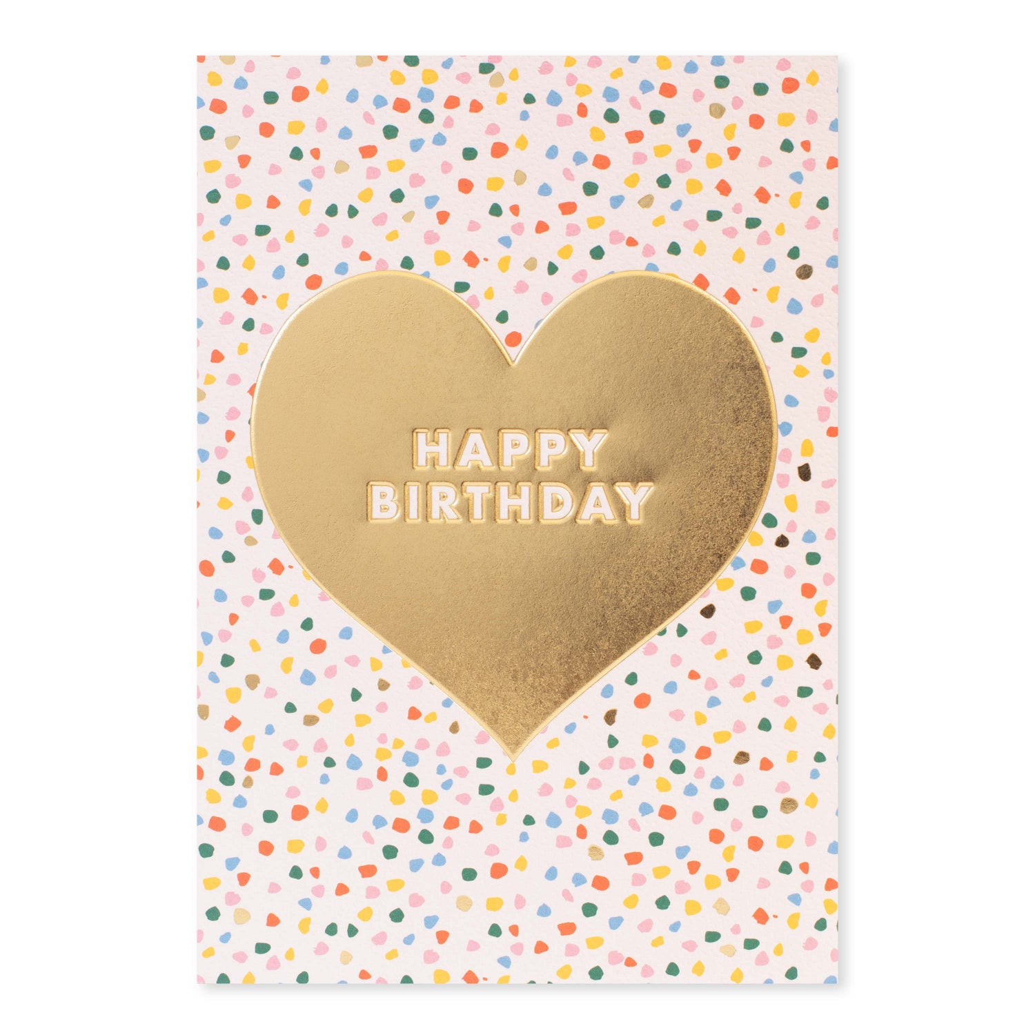 Halcyon by Hallmark Birthday Card – Sprinkles and Heart with gold heart detail and colourful confetti pattern, flat lay view