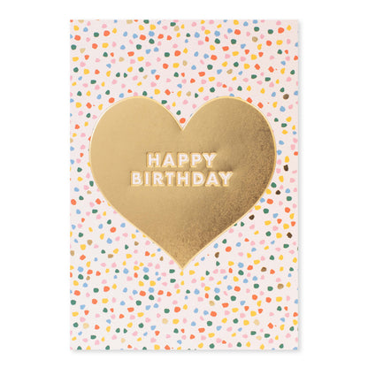 Halcyon by Hallmark Birthday Card – Sprinkles and Heart with gold heart detail and colourful confetti pattern, flat lay view