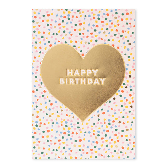 Halcyon by Hallmark Birthday Card – Sprinkles and Heart with gold heart detail and colourful confetti pattern, flat lay view