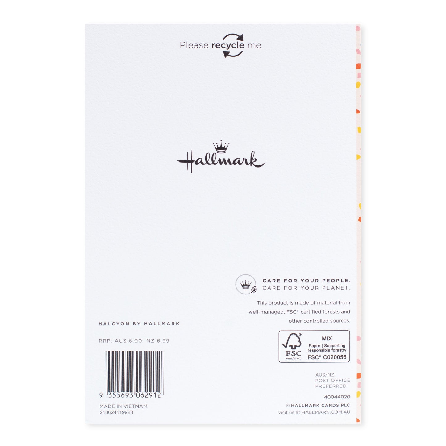 Halcyon by Hallmark Birthday Card – Sprinkles and Heart back design, featuring recycling message and colourful border detail.
