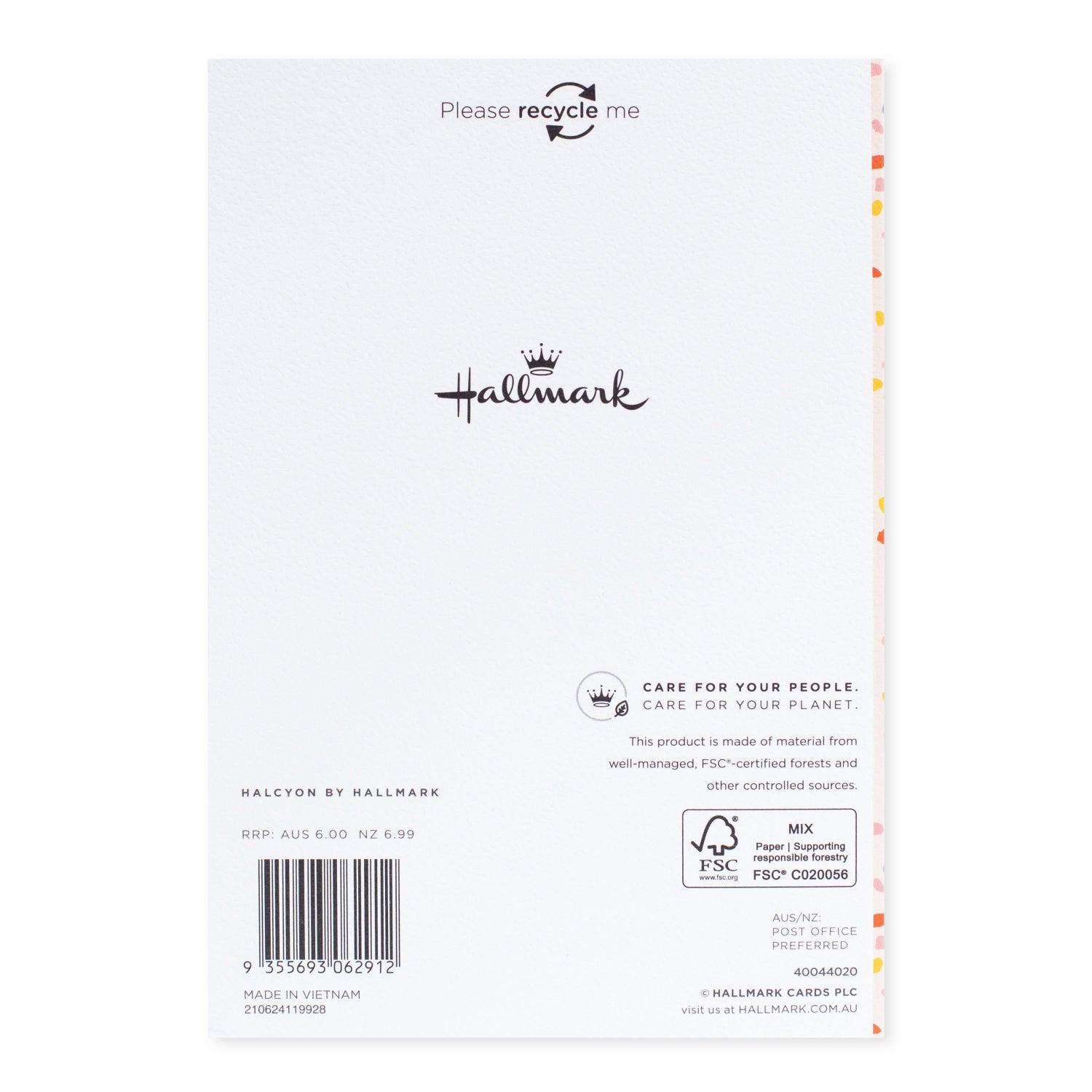 Halcyon by Hallmark Birthday Card – Sprinkles and Heart back design, featuring recycling message and colourful border detail.