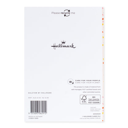 Halcyon by Hallmark Birthday Card – Sprinkles and Heart back design, featuring recycling message and colourful border detail.