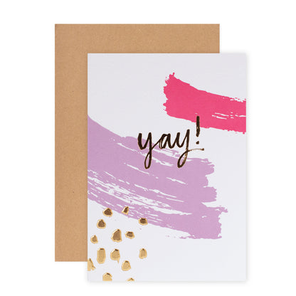 Halcyon by Hallmark All Occasion Card – Yay! in vibrant brushstrokes with kraft envelope, showcasing gold lettering detail.