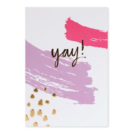Halcyon by Hallmark All Occasion Card – Yay! featuring coloured brushstrokes and gold accents, showcasing a vibrant design.