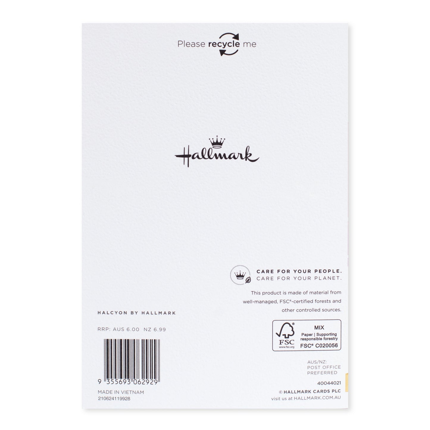 Halcyon by Hallmark All Occasion Card – Yay!, back design on textured stock with recycling message and brand logo, flat lay view.