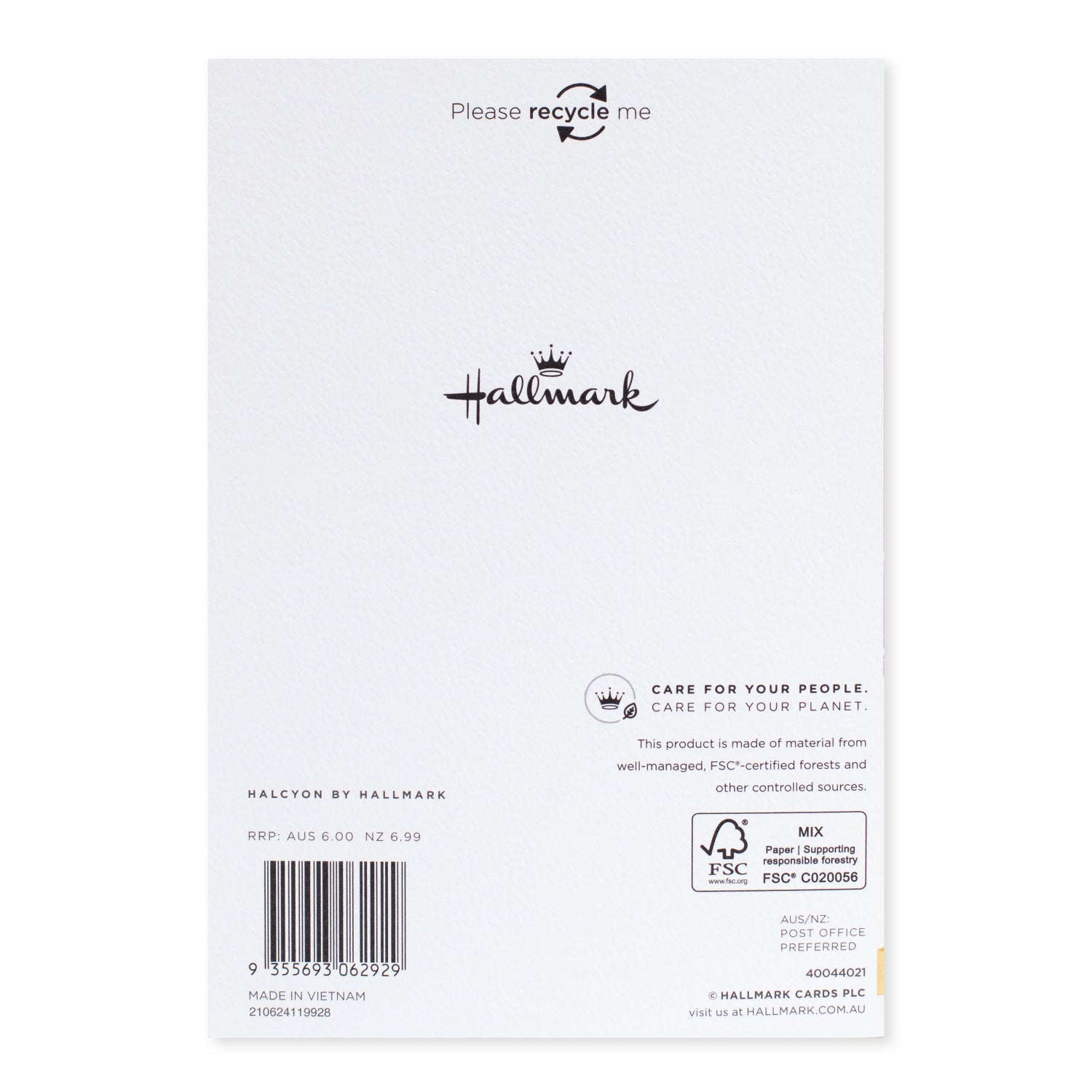 Halcyon by Hallmark All Occasion Card – Yay!, back design on textured stock with recycling message and brand logo, flat lay view.