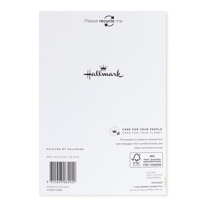 Halcyon by Hallmark All Occasion Card – Yay!, back design on textured stock with recycling message and brand logo, flat lay view.